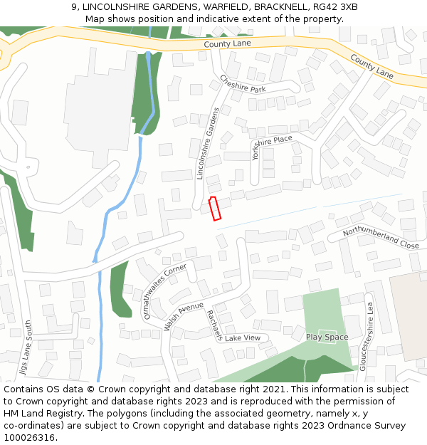 9, LINCOLNSHIRE GARDENS, WARFIELD, BRACKNELL, RG42 3XB: Location map and indicative extent of plot