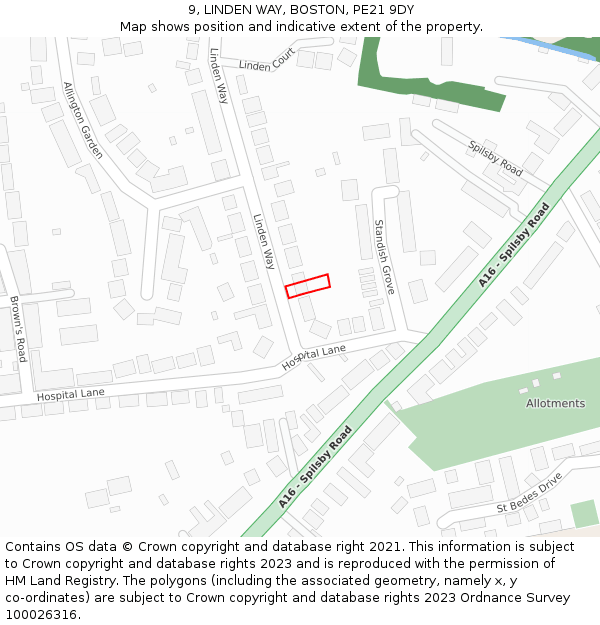 9, LINDEN WAY, BOSTON, PE21 9DY: Location map and indicative extent of plot