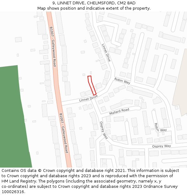 9, LINNET DRIVE, CHELMSFORD, CM2 8AD: Location map and indicative extent of plot