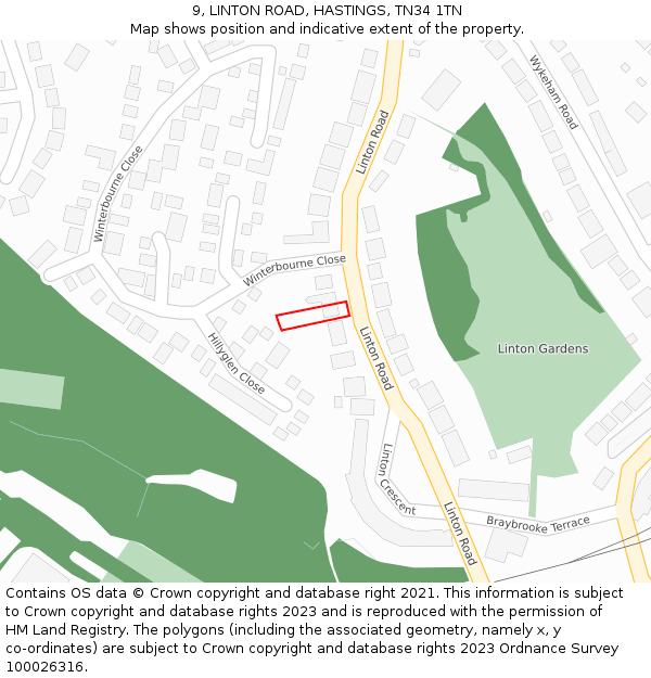 9, LINTON ROAD, HASTINGS, TN34 1TN: Location map and indicative extent of plot