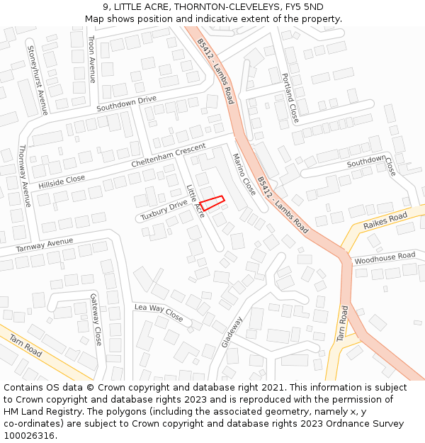 9, LITTLE ACRE, THORNTON-CLEVELEYS, FY5 5ND: Location map and indicative extent of plot