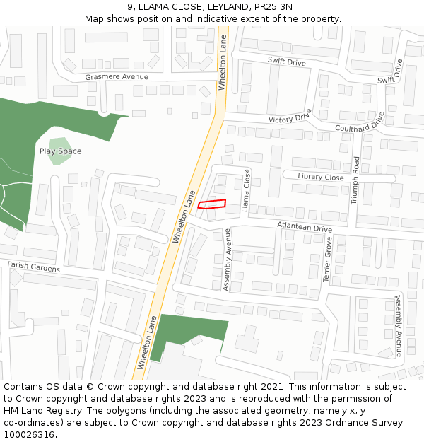 9, LLAMA CLOSE, LEYLAND, PR25 3NT: Location map and indicative extent of plot