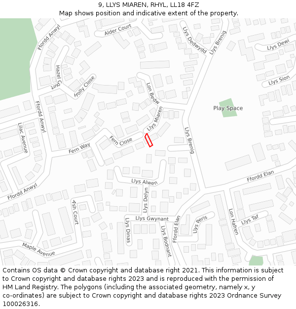 9, LLYS MIAREN, RHYL, LL18 4FZ: Location map and indicative extent of plot
