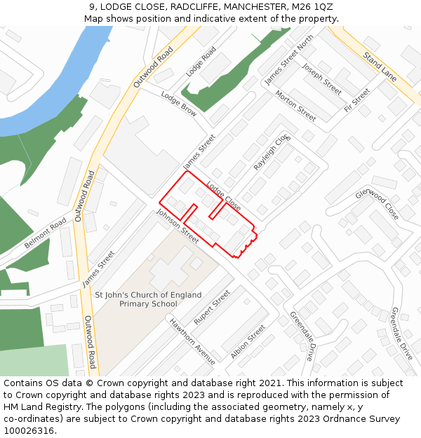9, LODGE CLOSE, RADCLIFFE, MANCHESTER, M26 1QZ: Location map and indicative extent of plot