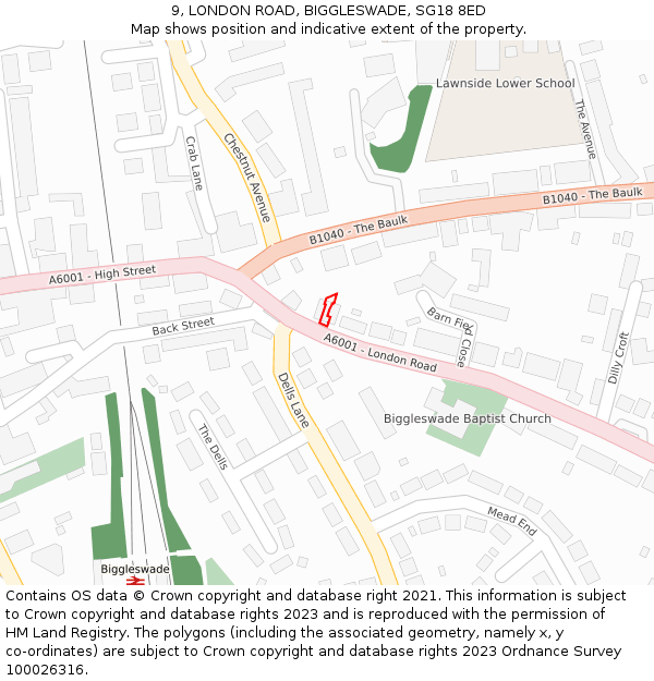 9, LONDON ROAD, BIGGLESWADE, SG18 8ED: Location map and indicative extent of plot