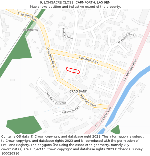 9, LONGACRE CLOSE, CARNFORTH, LA5 9EN: Location map and indicative extent of plot