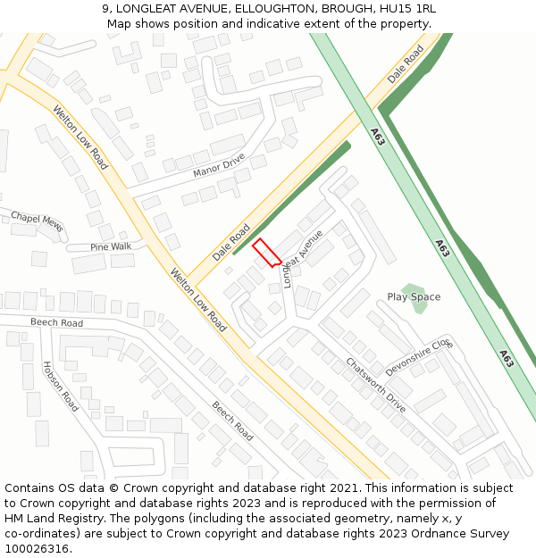 9, LONGLEAT AVENUE, ELLOUGHTON, BROUGH, HU15 1RL: Location map and indicative extent of plot