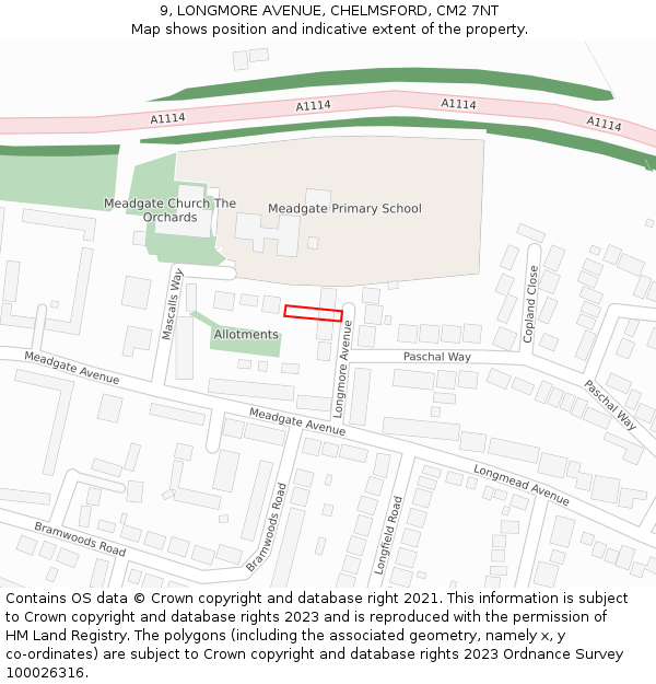 9, LONGMORE AVENUE, CHELMSFORD, CM2 7NT: Location map and indicative extent of plot