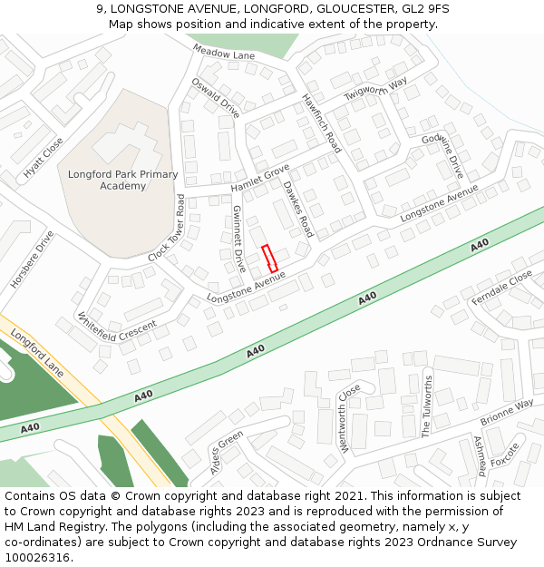 9, LONGSTONE AVENUE, LONGFORD, GLOUCESTER, GL2 9FS: Location map and indicative extent of plot
