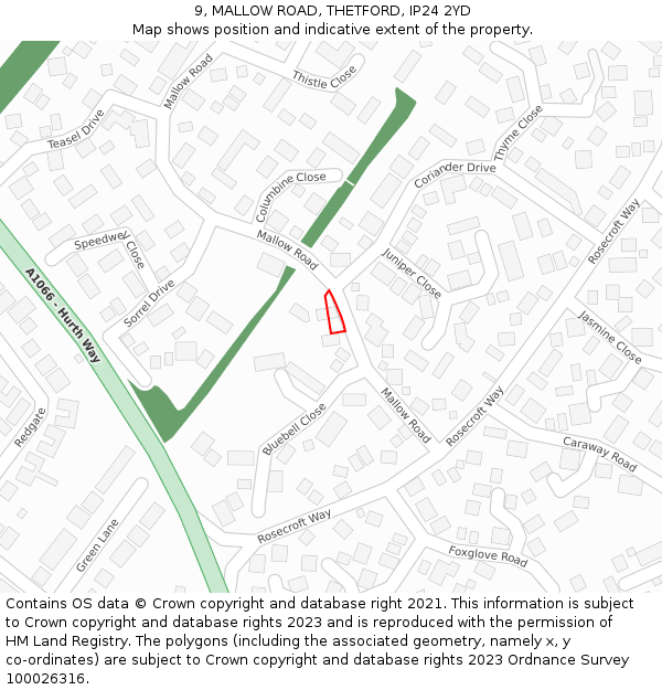 9, MALLOW ROAD, THETFORD, IP24 2YD: Location map and indicative extent of plot
