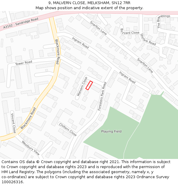 9, MALVERN CLOSE, MELKSHAM, SN12 7RR: Location map and indicative extent of plot