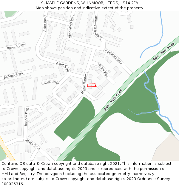 9, MAPLE GARDENS, WHINMOOR, LEEDS, LS14 2FA: Location map and indicative extent of plot