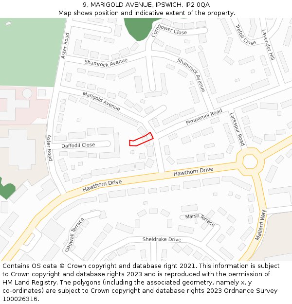 9, MARIGOLD AVENUE, IPSWICH, IP2 0QA: Location map and indicative extent of plot