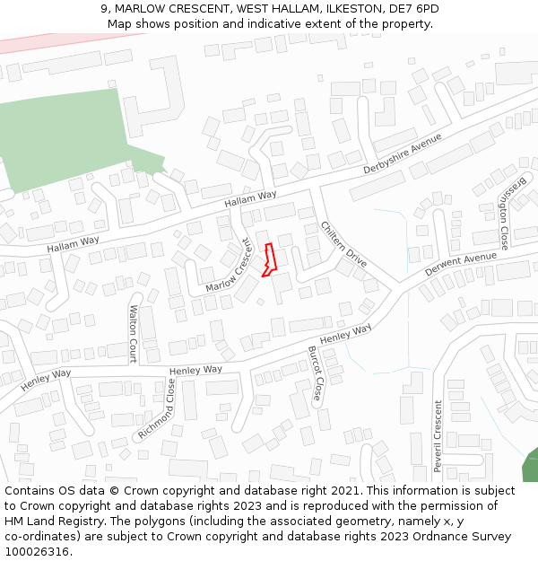 9, MARLOW CRESCENT, WEST HALLAM, ILKESTON, DE7 6PD: Location map and indicative extent of plot