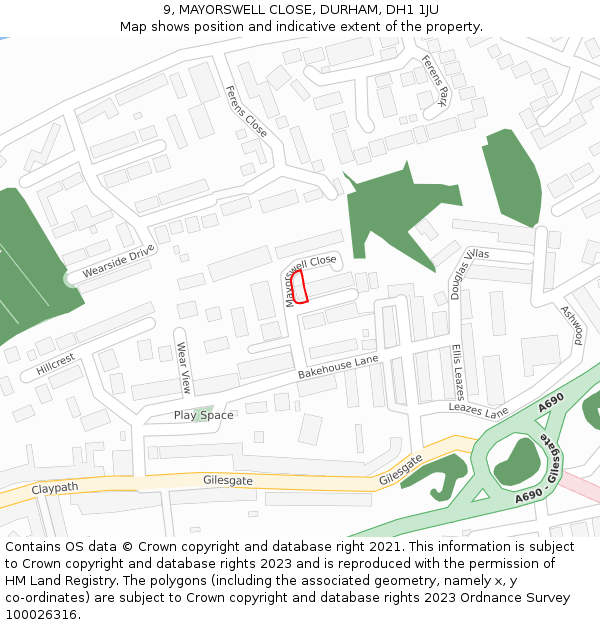 9, MAYORSWELL CLOSE, DURHAM, DH1 1JU: Location map and indicative extent of plot
