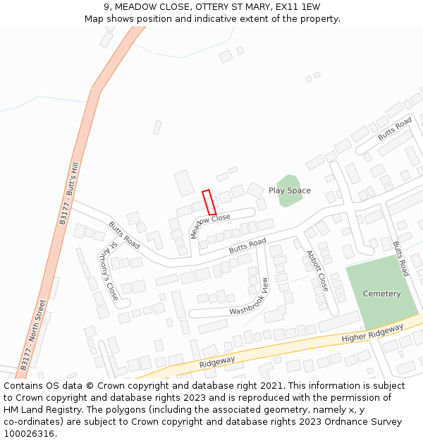 9, MEADOW CLOSE, OTTERY ST MARY, EX11 1EW: Location map and indicative extent of plot