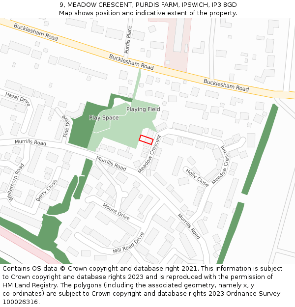 9, MEADOW CRESCENT, PURDIS FARM, IPSWICH, IP3 8GD: Location map and indicative extent of plot