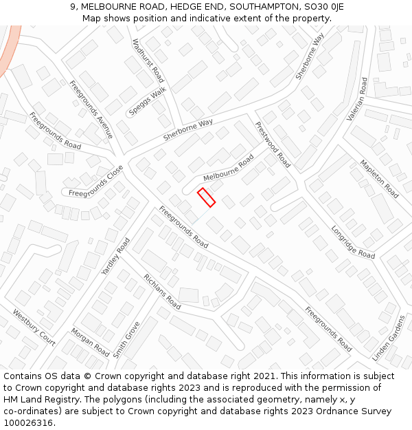9, MELBOURNE ROAD, HEDGE END, SOUTHAMPTON, SO30 0JE: Location map and indicative extent of plot