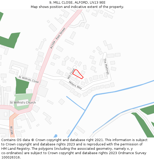 9, MILL CLOSE, ALFORD, LN13 9EE: Location map and indicative extent of plot