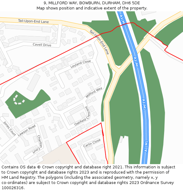 9, MILLFORD WAY, BOWBURN, DURHAM, DH6 5DE: Location map and indicative extent of plot
