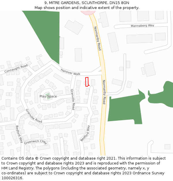 9, MITRE GARDENS, SCUNTHORPE, DN15 8GN: Location map and indicative extent of plot