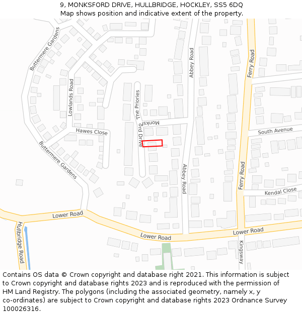 9, MONKSFORD DRIVE, HULLBRIDGE, HOCKLEY, SS5 6DQ: Location map and indicative extent of plot