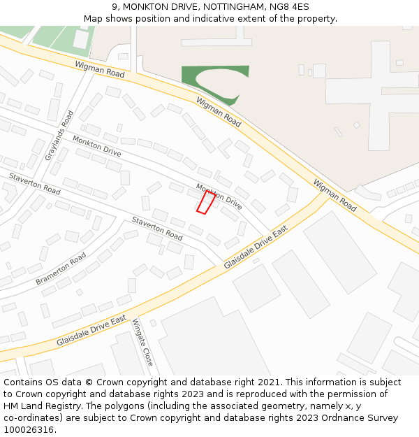 9, MONKTON DRIVE, NOTTINGHAM, NG8 4ES: Location map and indicative extent of plot