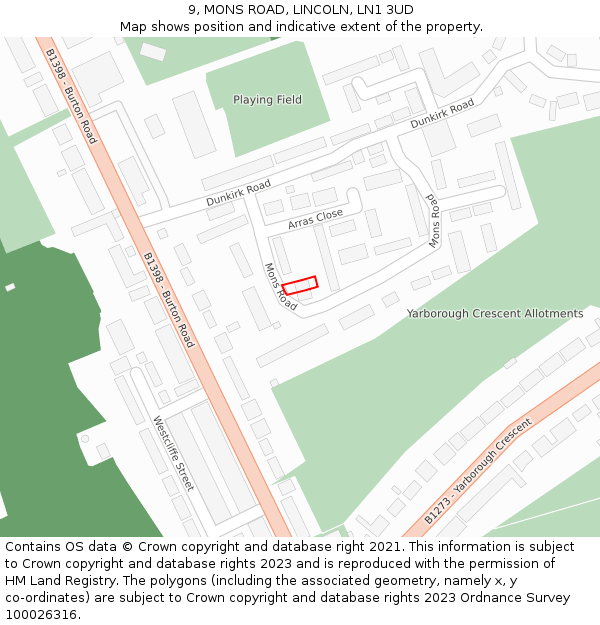 9, MONS ROAD, LINCOLN, LN1 3UD: Location map and indicative extent of plot