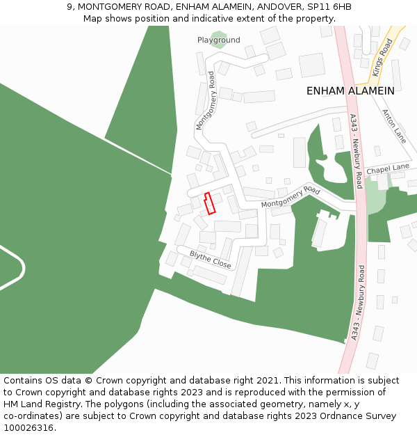 9, MONTGOMERY ROAD, ENHAM ALAMEIN, ANDOVER, SP11 6HB: Location map and indicative extent of plot