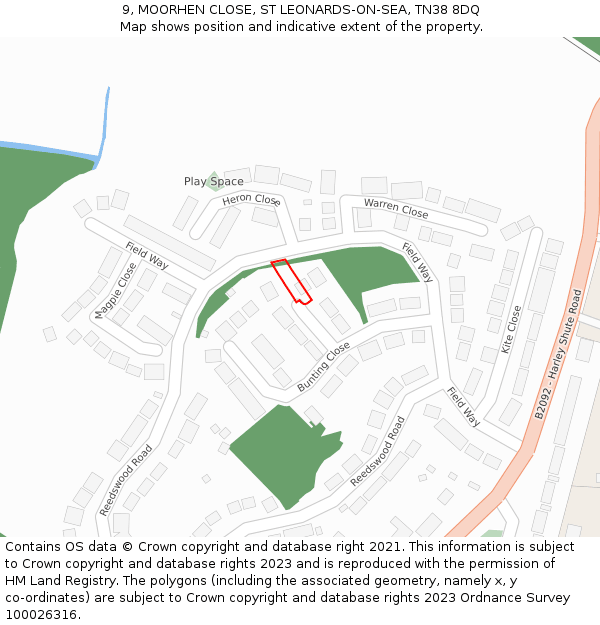 9, MOORHEN CLOSE, ST LEONARDS-ON-SEA, TN38 8DQ: Location map and indicative extent of plot
