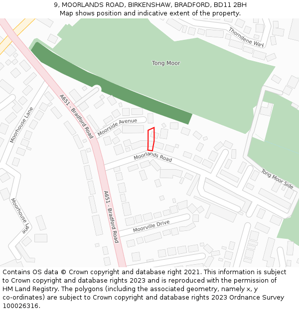 9, MOORLANDS ROAD, BIRKENSHAW, BRADFORD, BD11 2BH: Location map and indicative extent of plot