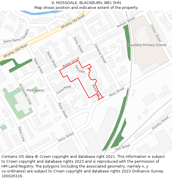 9, MOSSDALE, BLACKBURN, BB1 5HN: Location map and indicative extent of plot