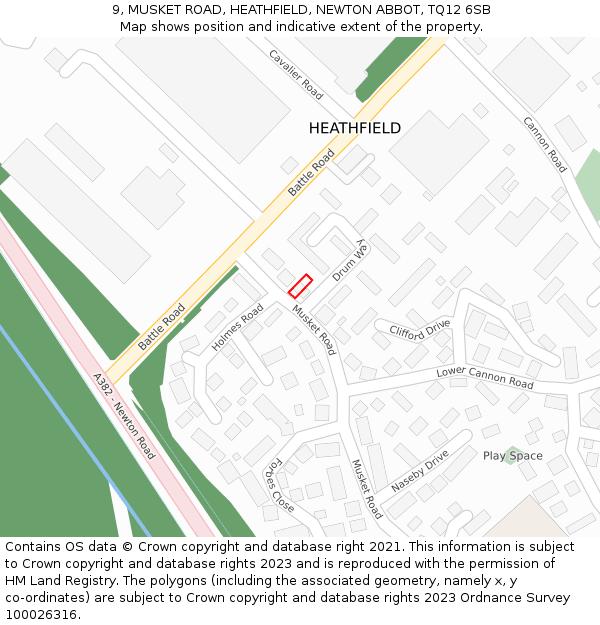 9, MUSKET ROAD, HEATHFIELD, NEWTON ABBOT, TQ12 6SB: Location map and indicative extent of plot