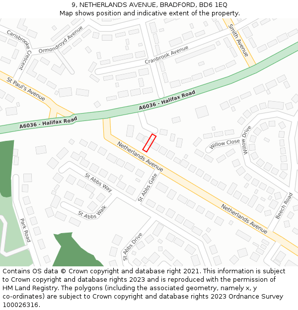 9, NETHERLANDS AVENUE, BRADFORD, BD6 1EQ: Location map and indicative extent of plot