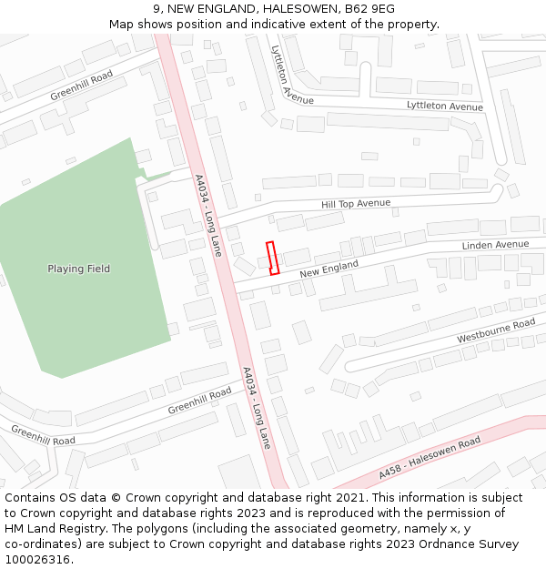 9, NEW ENGLAND, HALESOWEN, B62 9EG: Location map and indicative extent of plot