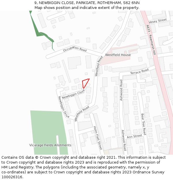 9, NEWBIGGIN CLOSE, PARKGATE, ROTHERHAM, S62 6NN: Location map and indicative extent of plot