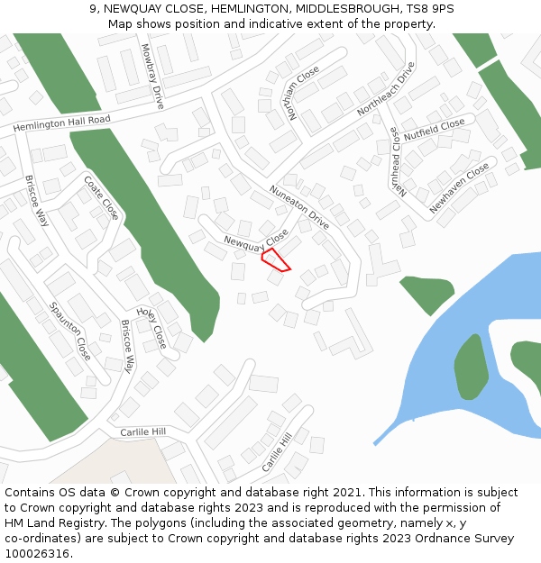 9, NEWQUAY CLOSE, HEMLINGTON, MIDDLESBROUGH, TS8 9PS: Location map and indicative extent of plot