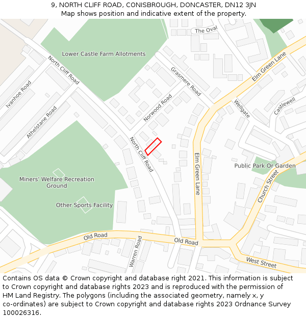 9, NORTH CLIFF ROAD, CONISBROUGH, DONCASTER, DN12 3JN: Location map and indicative extent of plot