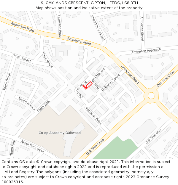 9, OAKLANDS CRESCENT, GIPTON, LEEDS, LS8 3TH: Location map and indicative extent of plot