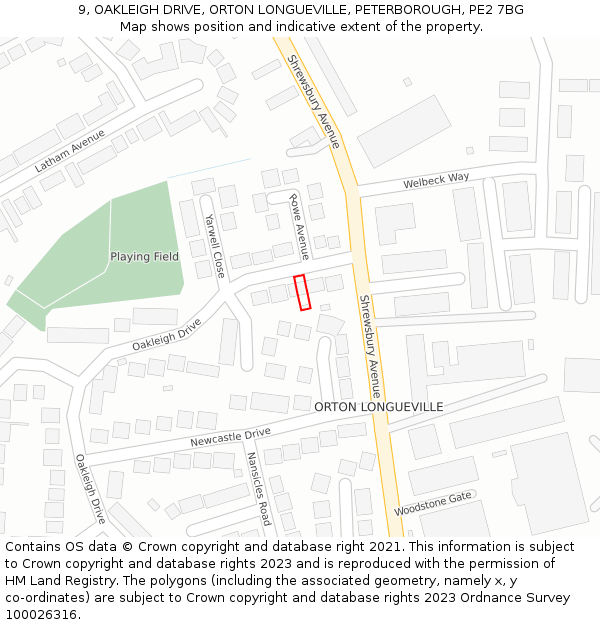 9, OAKLEIGH DRIVE, ORTON LONGUEVILLE, PETERBOROUGH, PE2 7BG: Location map and indicative extent of plot