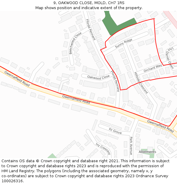 9, OAKWOOD CLOSE, MOLD, CH7 1RS: Location map and indicative extent of plot