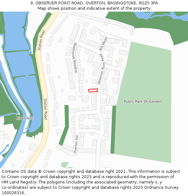 9, OBSERVER POINT ROAD, OVERTON, BASINGSTOKE, RG25 3FA: Location map and indicative extent of plot