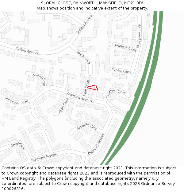 9, OPAL CLOSE, RAINWORTH, MANSFIELD, NG21 0FA: Location map and indicative extent of plot