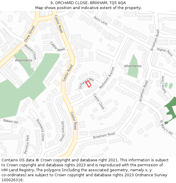 9, ORCHARD CLOSE, BRIXHAM, TQ5 9QA: Location map and indicative extent of plot