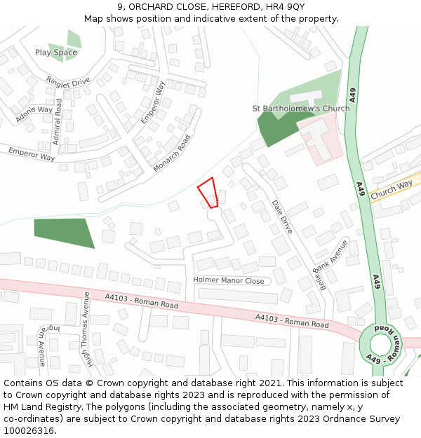 9, ORCHARD CLOSE, HEREFORD, HR4 9QY: Location map and indicative extent of plot