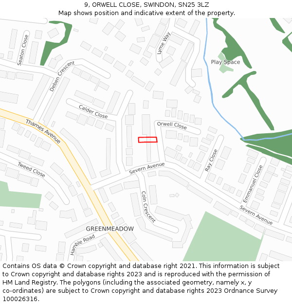 9, ORWELL CLOSE, SWINDON, SN25 3LZ: Location map and indicative extent of plot