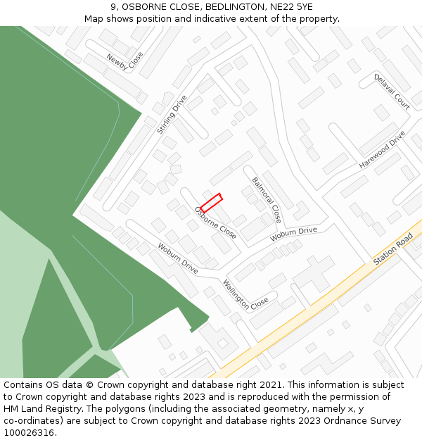 9, OSBORNE CLOSE, BEDLINGTON, NE22 5YE: Location map and indicative extent of plot