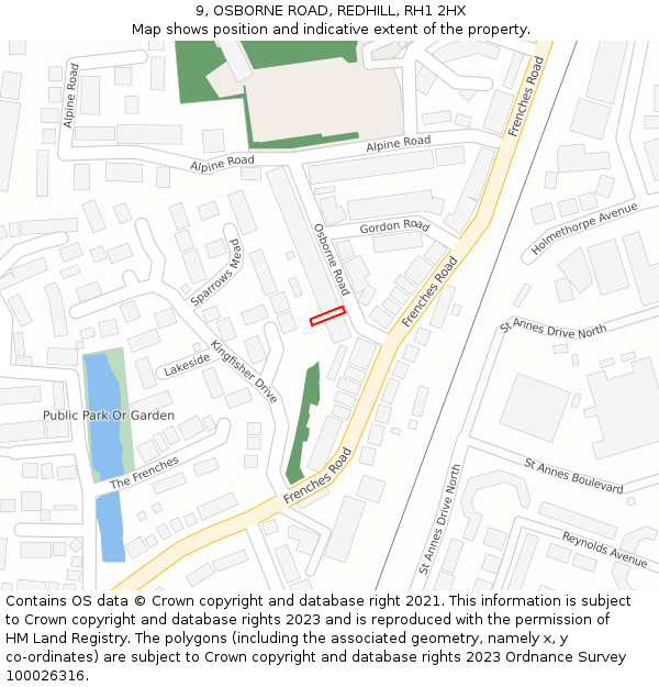 9, OSBORNE ROAD, REDHILL, RH1 2HX: Location map and indicative extent of plot