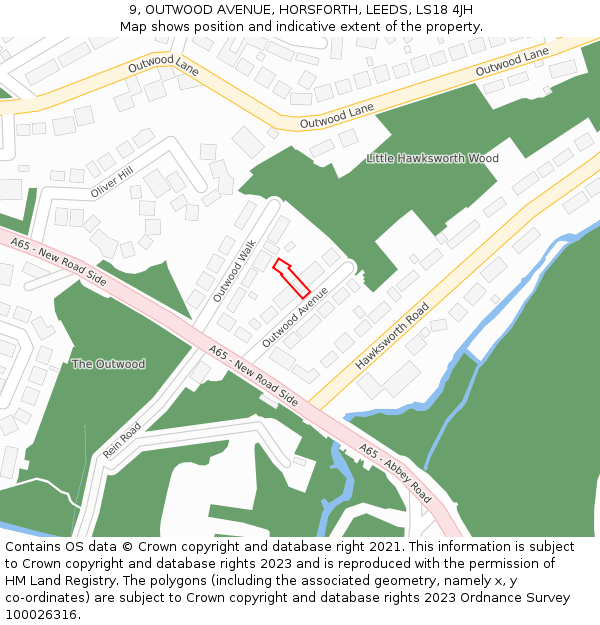 9, OUTWOOD AVENUE, HORSFORTH, LEEDS, LS18 4JH: Location map and indicative extent of plot