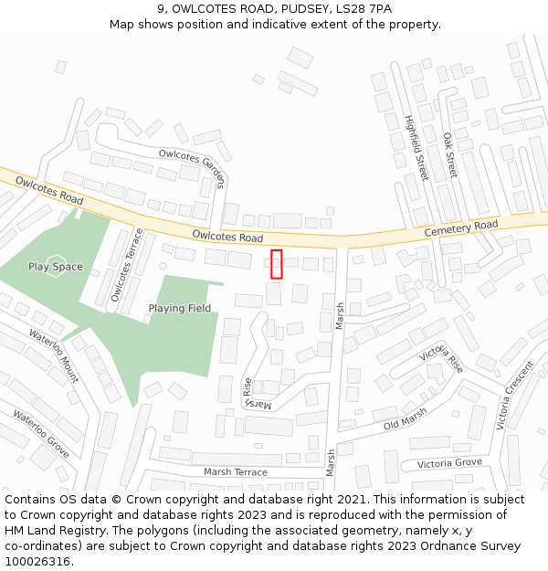 9, OWLCOTES ROAD, PUDSEY, LS28 7PA: Location map and indicative extent of plot